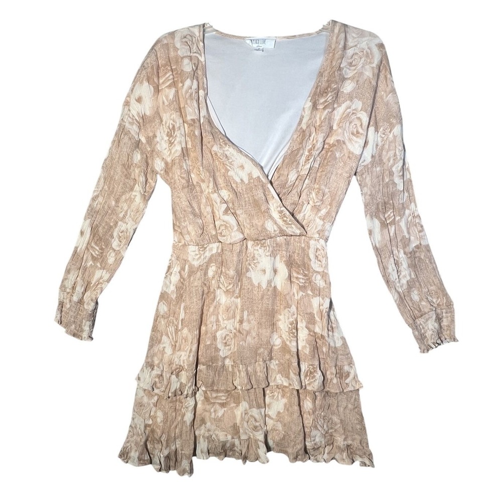 PEACH LOVE Women's Size S Floral Ruffle Mini Dress Beige Tan Long Sleeve Smocked